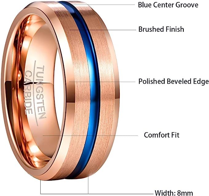 Genuine Tungsten Carbide 8mm matte brushed finish, complete rose gold  and thin blue line high polish inner face beveled edge comfort fit design bring you elegance and comfort Size 6-15
