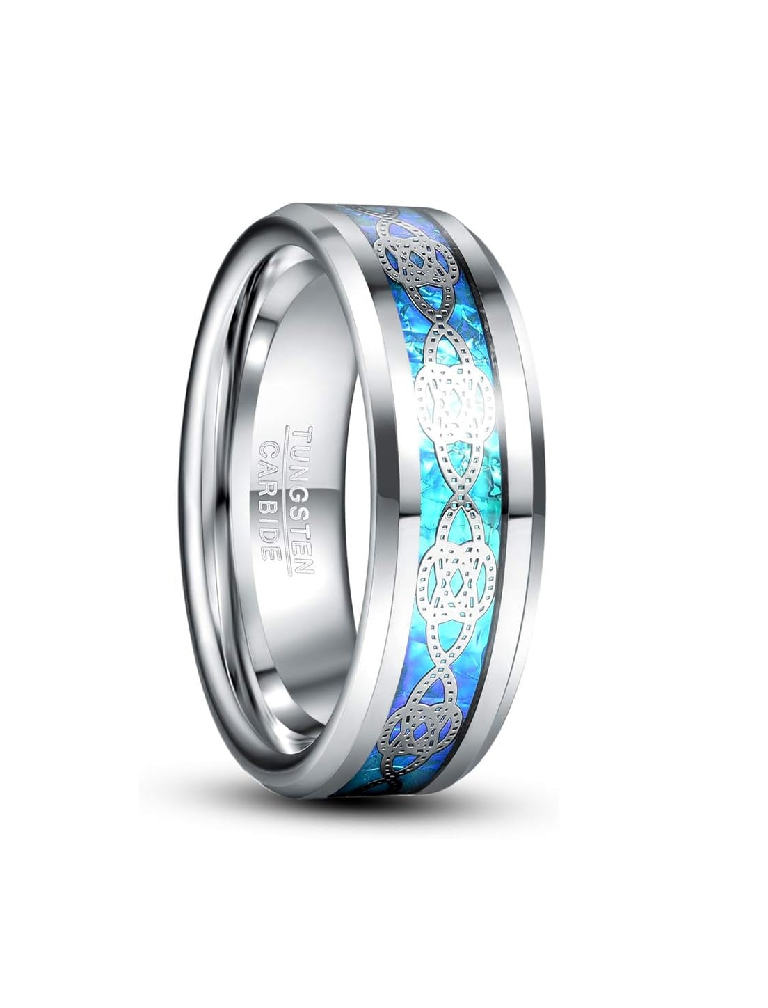 Genuine Carbide Tungsten Color: Blue opal & silver Celtic knots inlay, 8mm RING Polished Shiny Comfort Fit Wedding Band Size Size 6-15