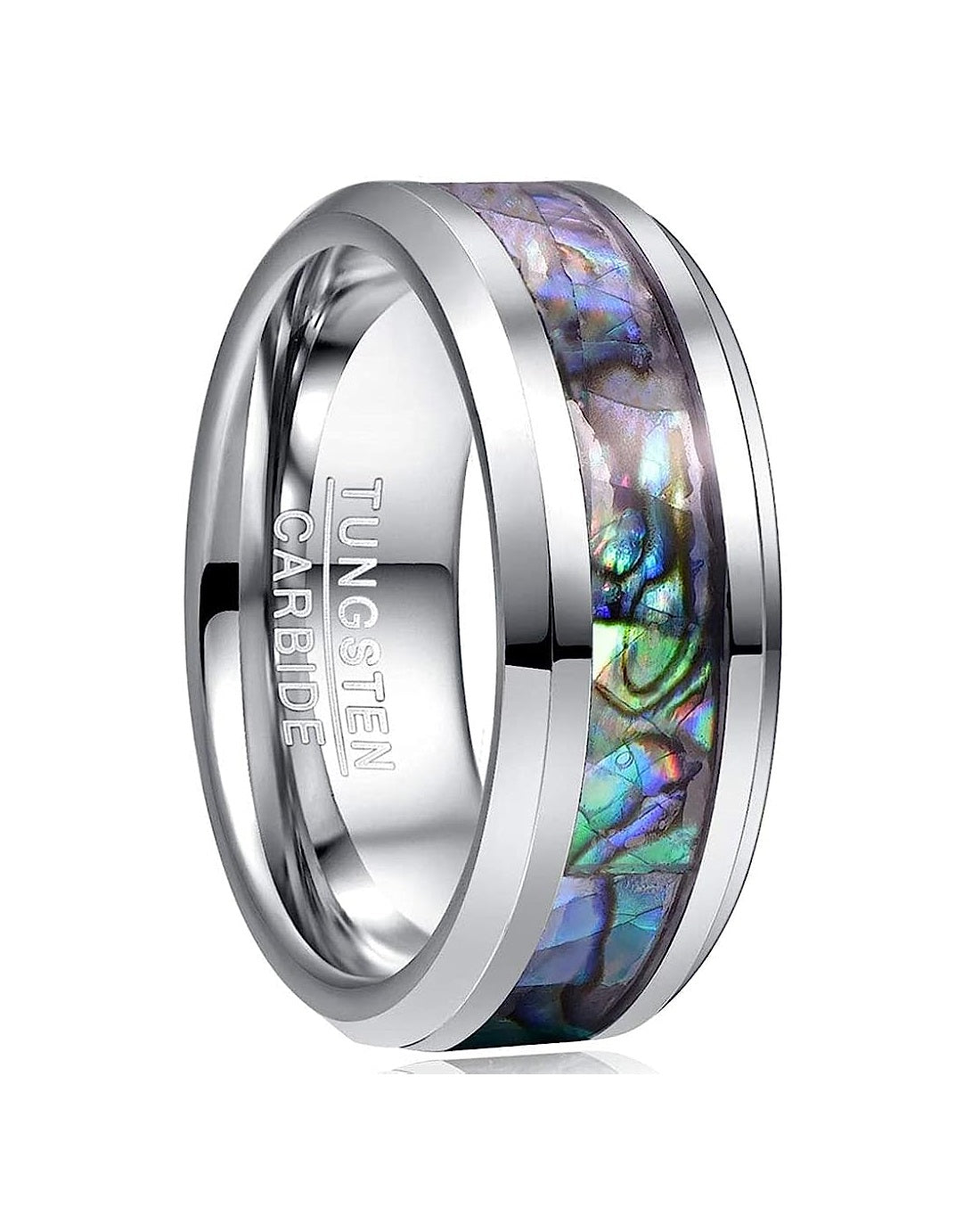 Genuine Carbide Tungsten Color: 8mm RING Natural Abalone Shel Silver Inner high polished inner-face design smooth and shiny. Comfort Fit Wedding Band Size 6-15