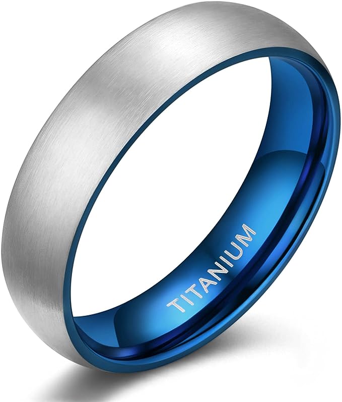 Genuine Titanium Silver Brushed Blue 6mm Wide Dome Ring Wedding Band High Polished Comfort Fit.