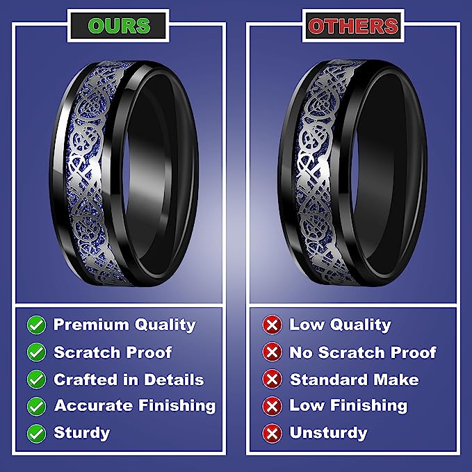 Genuine Carbide Tungsten Color: BLACK Celtic Dragon BLUE Carbon Fiber 8mm RING Polished Shiny Comfort Fit Wedding Band Size Size 6-15