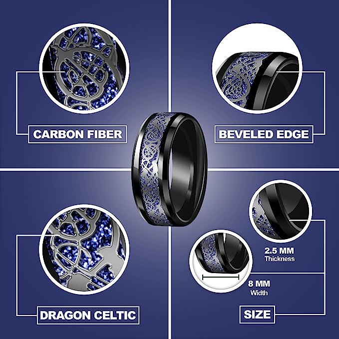 Genuine Carbide Tungsten Color: BLACK Celtic Dragon BLUE Carbon Fiber 8mm RING Polished Shiny Comfort Fit Wedding Band Size Size 6-15