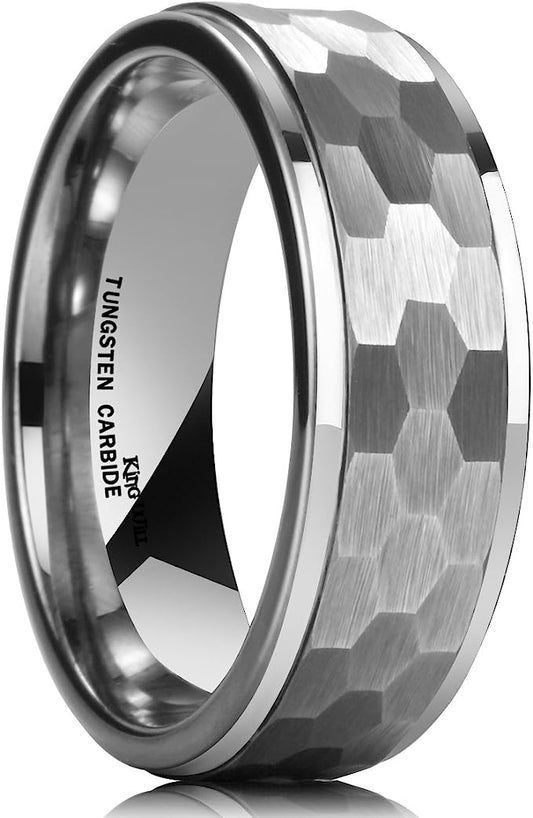 Genuine Carbide Tungsten Color: 8mm Silver Hammered Step Edge Domed RING High Polish inner face makes it smooth and shiny Comfort Fit Wedding Band Size 6-15