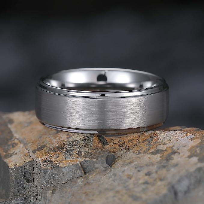 Genuine Carbide Tungsten Color: 8mm Silver Brushed and Silver Inner high polished inner-face design smooth and shiny. Comfort Fit Wedding Band Size 6-15