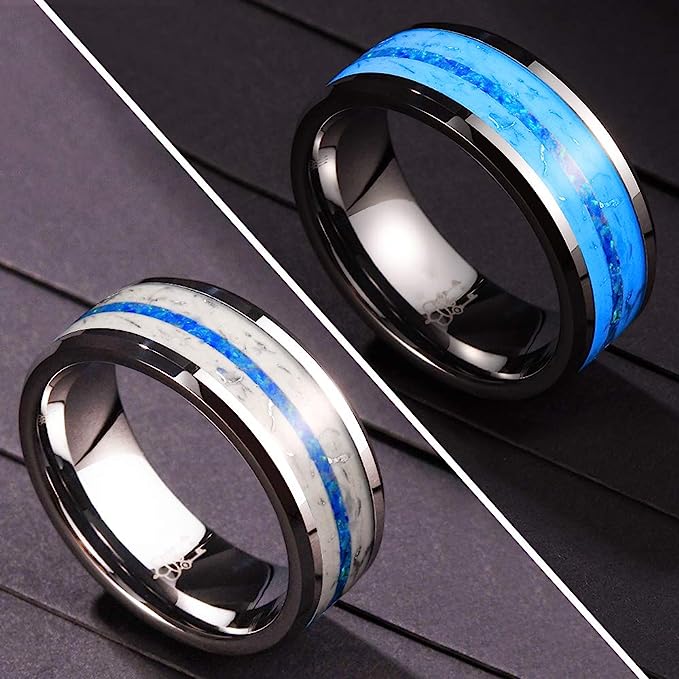 Genuine Carbide Tungsten Color: 8mm SILVER BLUE GLOWS AT NIGHT Inlay High polished inner-face design smooth and shiny. Comfort Fit Wedding Band Size 6-15