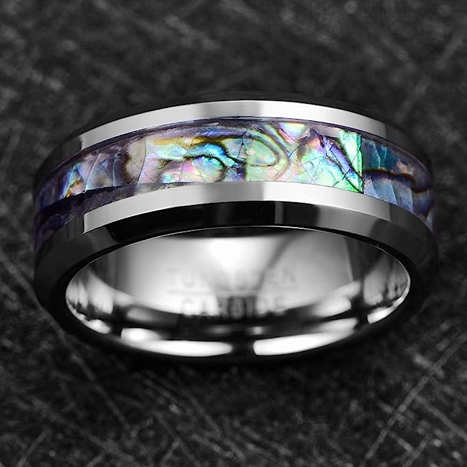 Genuine Carbide Tungsten Color: 8mm RING Natural Abalone Shel Silver Inner high polished inner-face design smooth and shiny. Comfort Fit Wedding Band Size 6-15