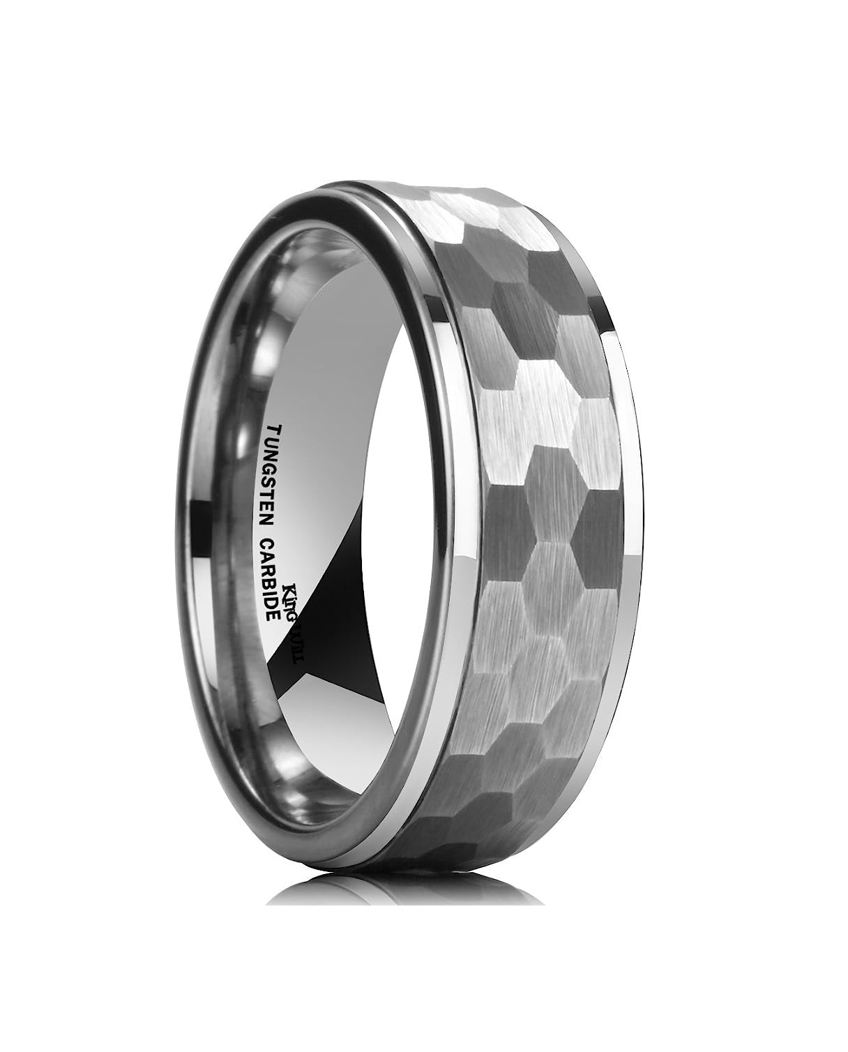 Genuine Carbide Tungsten Color: 8mm Silver Hammered Step Edge Domed RING High Polish inner face makes it smooth and shiny Comfort Fit Wedding Band Size 6-15