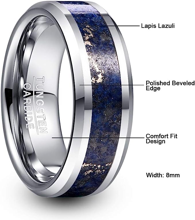 Genuine Carbide Tungsten Color: 8mm RING Lapis Lazuli inlay Silver Inner high polished inner-face design smooth and shiny. Comfort Fit Wedding Band Size 6-15