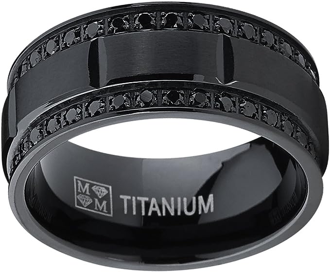 Genuine Titanium Double Row Black 9mm Wide Ring Black Stones Cubic Zirconia Eternity High Polished Comfort Fit.