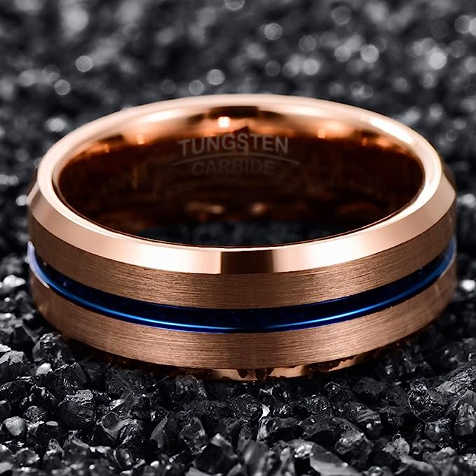 Genuine Tungsten Carbide 8mm matte brushed finish, complete rose gold  and thin blue line high polish inner face beveled edge comfort fit design bring you elegance and comfort Size 6-15