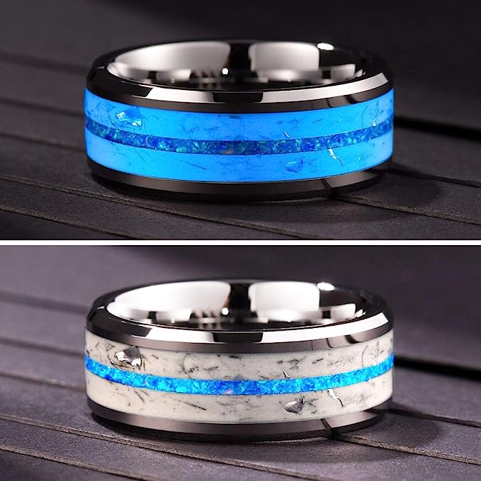 Genuine Carbide Tungsten Color: 8mm SILVER BLUE GLOWS AT NIGHT Inlay High polished inner-face design smooth and shiny. Comfort Fit Wedding Band Size 6-15