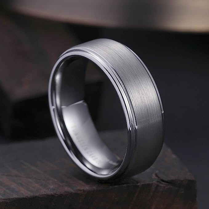 Genuine Carbide Tungsten Color: 8mm Silver Brushed and Silver Inner high polished inner-face design smooth and shiny. Comfort Fit Wedding Band Size 6-15