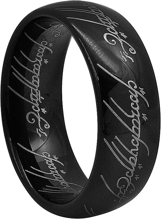 Genuine Carbide Tungsten Color: BLACK 8mm with Laser engraving pattern Lasered Gorgeous Stunning Polished Shiny Comfort Fit Wedding Band Size Size 6-15 Classic dome