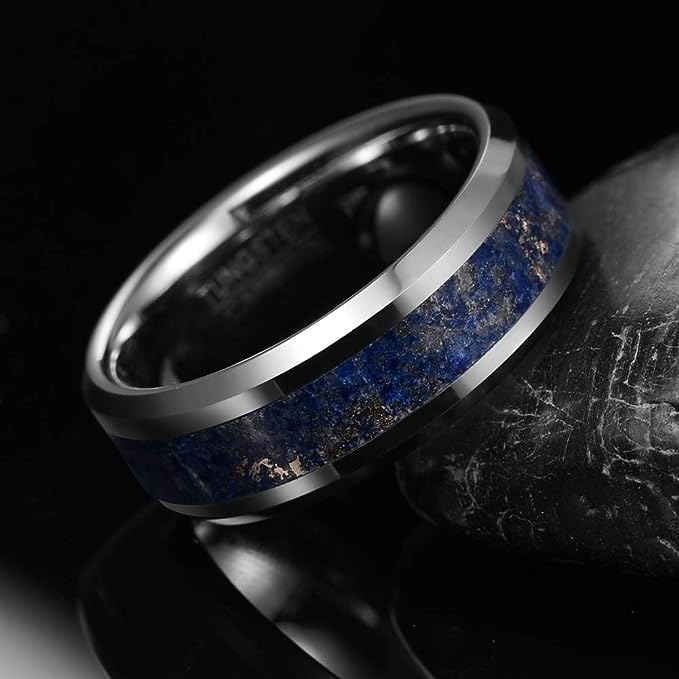 Genuine Carbide Tungsten Color: 8mm RING Lapis Lazuli inlay Silver Inner high polished inner-face design smooth and shiny. Comfort Fit Wedding Band Size 6-15