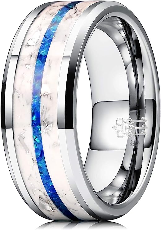 Genuine Carbide Tungsten Color: 8mm SILVER BLUE GLOWS AT NIGHT Inlay High polished inner-face design smooth and shiny. Comfort Fit Wedding Band Size 6-15