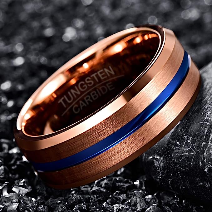 Genuine Tungsten Carbide 8mm matte brushed finish, complete rose gold  and thin blue line high polish inner face beveled edge comfort fit design bring you elegance and comfort Size 6-15
