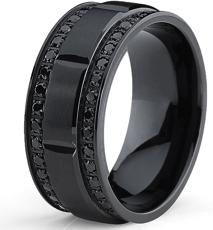 Genuine Titanium Double Row Black 9mm Wide Ring Black Stones Cubic Zirconia Eternity High Polished Comfort Fit.