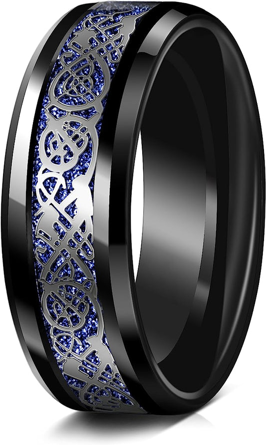 Genuine Carbide Tungsten Color: BLACK Celtic Dragon BLUE Carbon Fiber 8mm RING Polished Shiny Comfort Fit Wedding Band Size Size 6-15