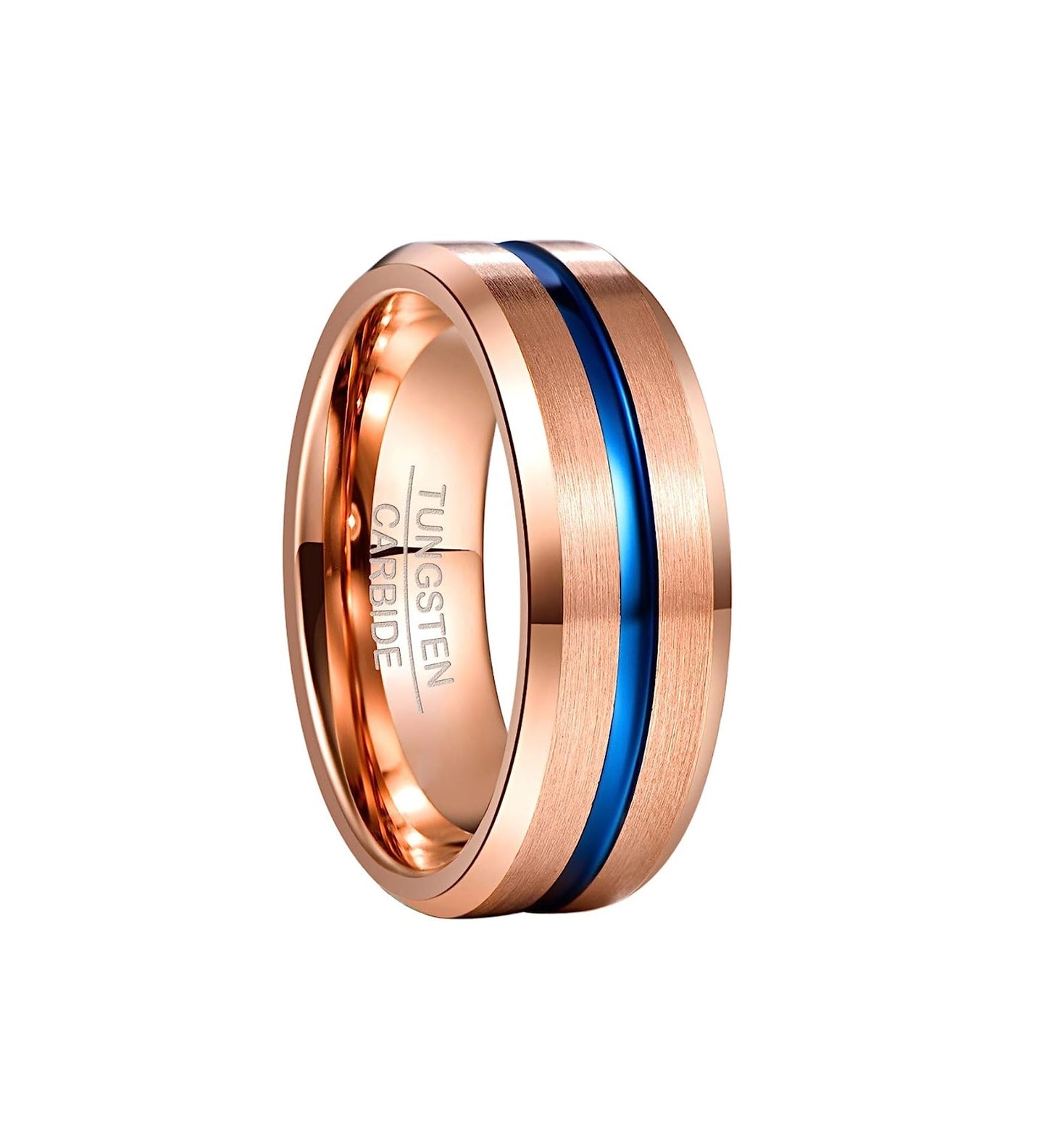 Genuine Tungsten Carbide 8mm matte brushed finish, complete rose gold  and thin blue line high polish inner face beveled edge comfort fit design bring you elegance and comfort Size 6-15