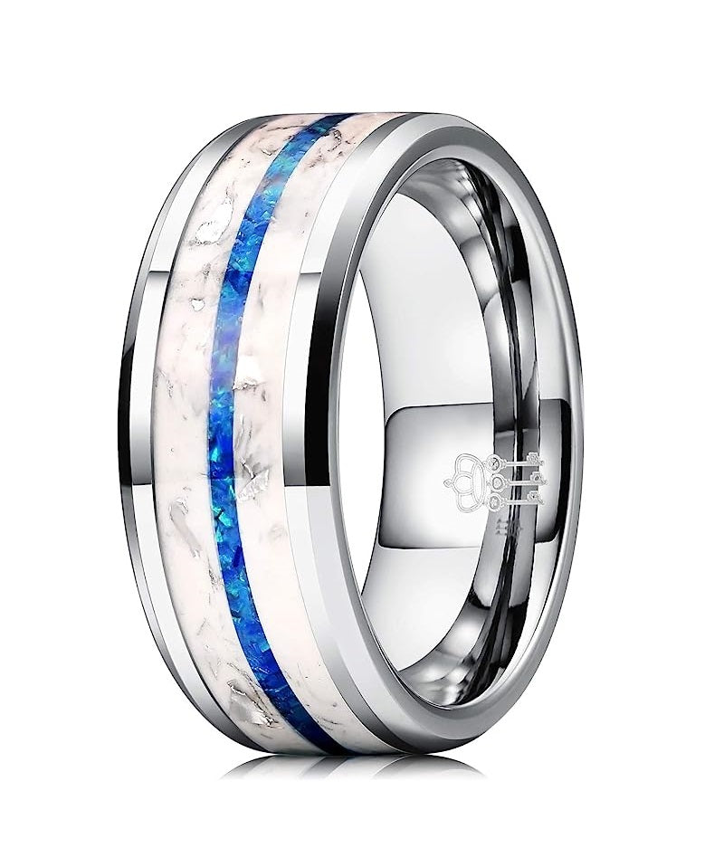 Genuine Carbide Tungsten Color: 8mm SILVER BLUE GLOWS AT NIGHT Inlay High polished inner-face design smooth and shiny. Comfort Fit Wedding Band Size 6-15