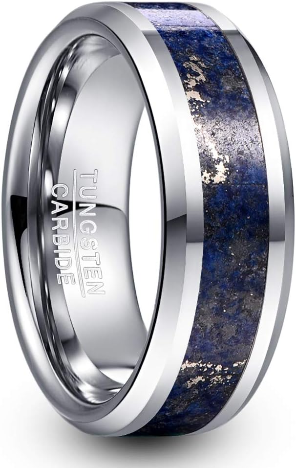 Genuine Carbide Tungsten Color: 8mm RING Lapis Lazuli inlay Silver Inner high polished inner-face design smooth and shiny. Comfort Fit Wedding Band Size 6-15