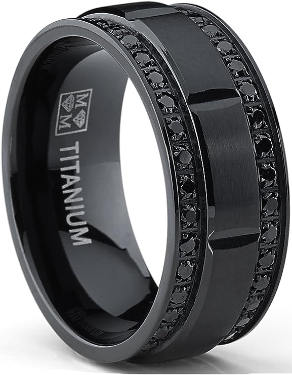 Genuine Titanium Double Row Black 9mm Wide Ring Black Stones Cubic Zirconia Eternity High Polished Comfort Fit.