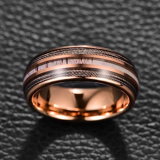 Genuine Carbide Tungsten Color: 8mm Rose Gold Silver Guitar Wire Inlay High polished inner-face design smooth and shiny. Comfort Fit Wedding Band Size 6-15