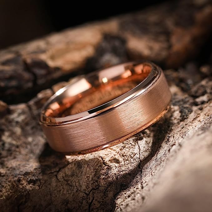 Genuine Carbide Tungsten Color: 8mm Rose Gold Brushed and Rose Gold Inner high polished inner-face design smooth and shiny. Comfort Fit Wedding Band Size 6-15