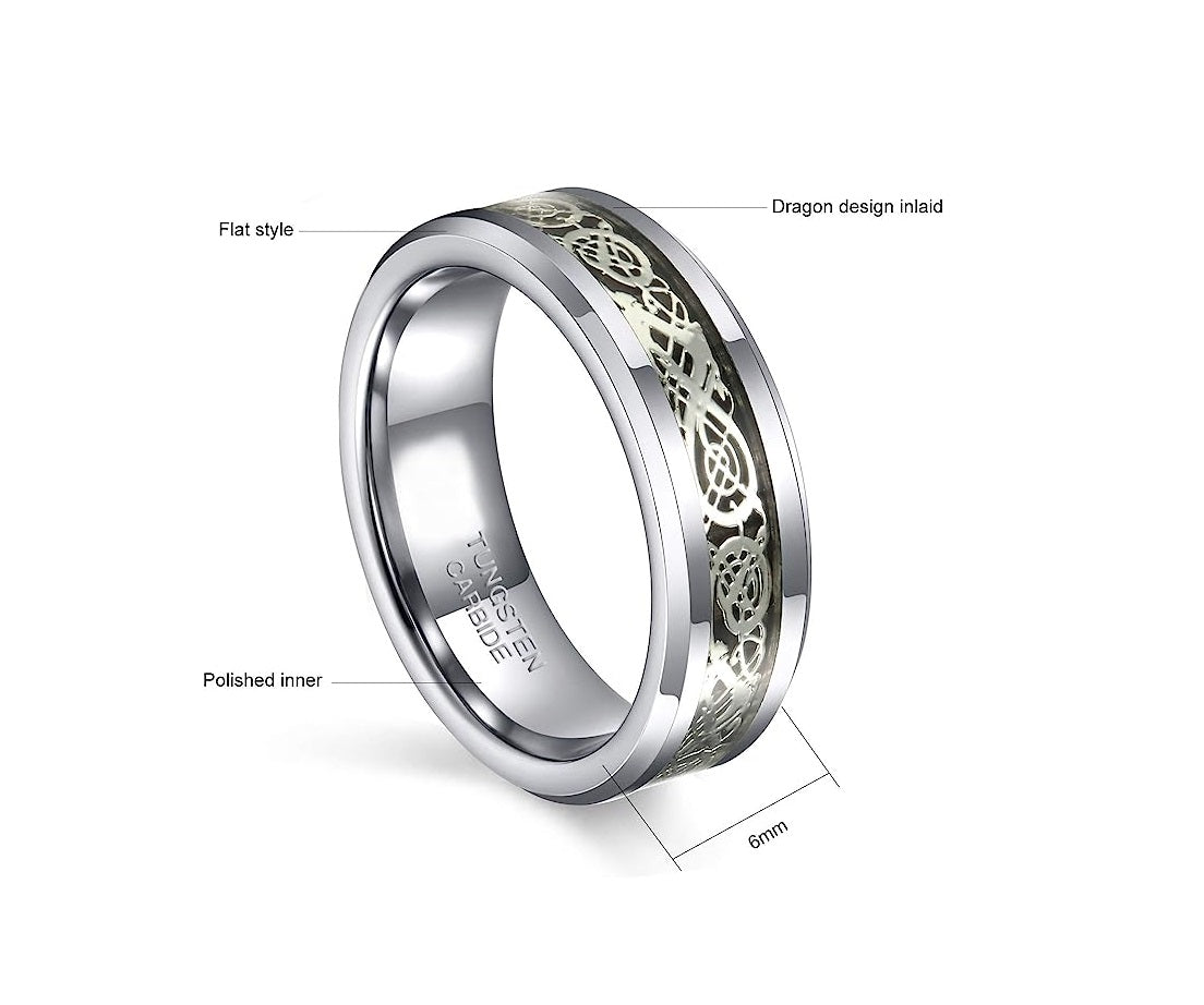 Genuine Carbide Tungsten Color: SILVER Celtic Dragon SILVER GREEN Fiber Inlay 6mm RING Polished Shiny Comfort Fit Wedding Band Size Size 6-15