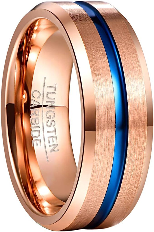 Genuine Tungsten Carbide 8mm matte brushed finish, complete rose gold  and thin blue line high polish inner face beveled edge comfort fit design bring you elegance and comfort Size 6-15