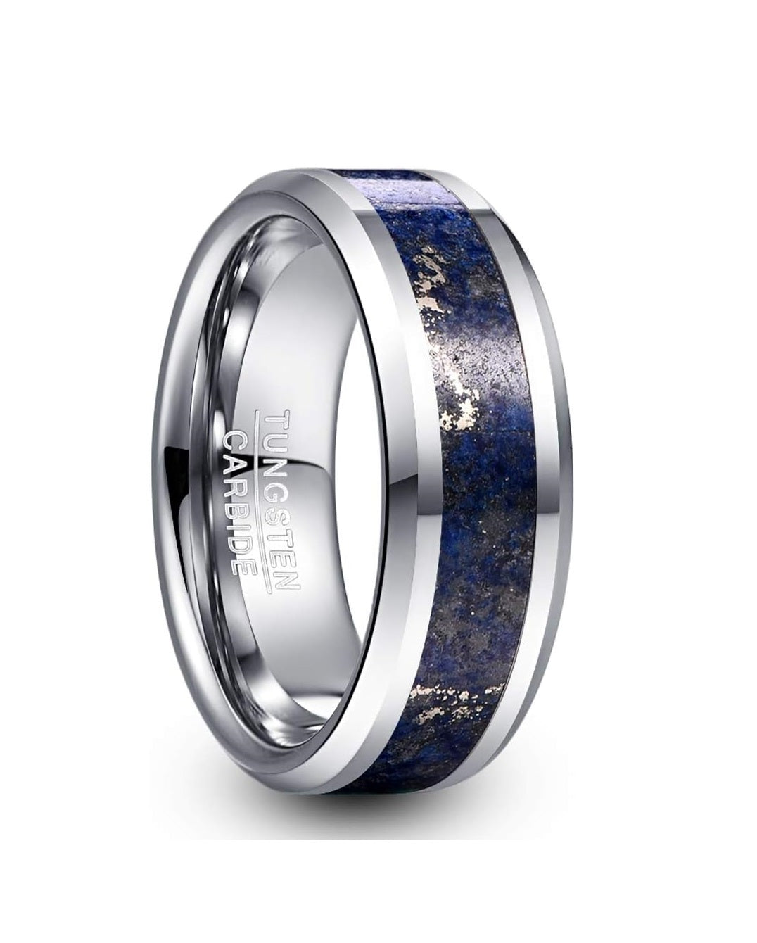 Genuine Carbide Tungsten Color: 8mm RING Lapis Lazuli inlay Silver Inner high polished inner-face design smooth and shiny. Comfort Fit Wedding Band Size 6-15