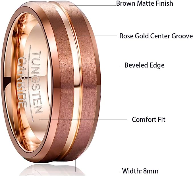 Genuine Tungsten Carbide 8mm matte brushed finish, brown + rose gold design high polish inner face beveled edge center comfort fit wedding band ,Size 6-15