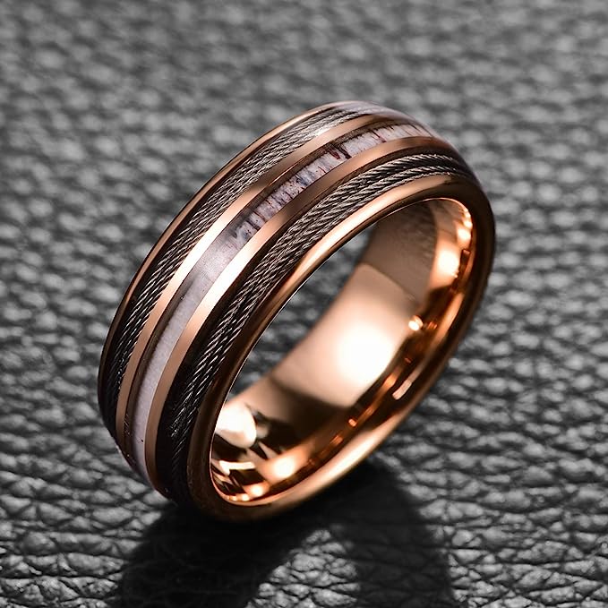 Genuine Carbide Tungsten Color: 8mm Rose Gold Silver Guitar Wire Inlay High polished inner-face design smooth and shiny. Comfort Fit Wedding Band Size 6-15