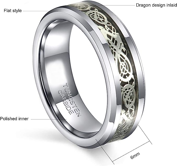 Genuine Carbide Tungsten Color: SILVER Celtic Dragon SILVER GREEN Fiber Inlay 6mm RING Polished Shiny Comfort Fit Wedding Band Size Size 6-15