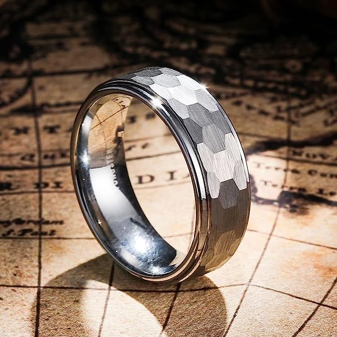 Genuine Carbide Tungsten Color: 8mm Silver Hammered Domed RING High Polish inner face makes it smooth and shiny Comfort Fit Wedding Band Size 6-15