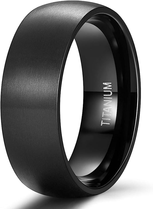 Genuine Titanium Brushed Black 8mm Wide Dome Ring Wedding Band High Polished Comfort Fit.