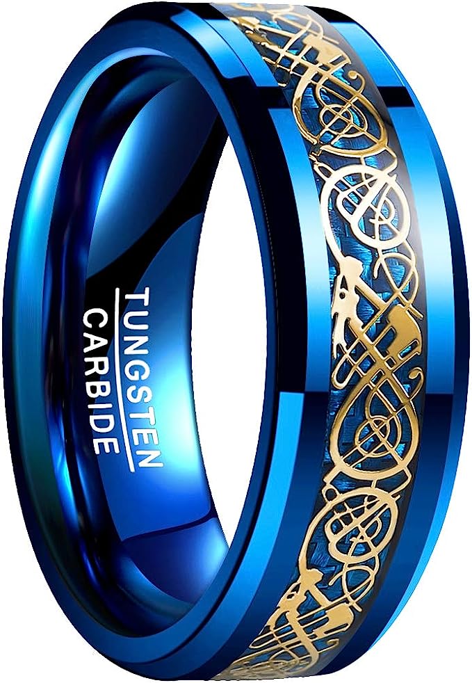 Genuine Carbide Tungsten Color: Celtic Dragon BLUE Carbon Fiber 8mm RING Polished Shiny Comfort Fit Wedding Band Size Size 6-15