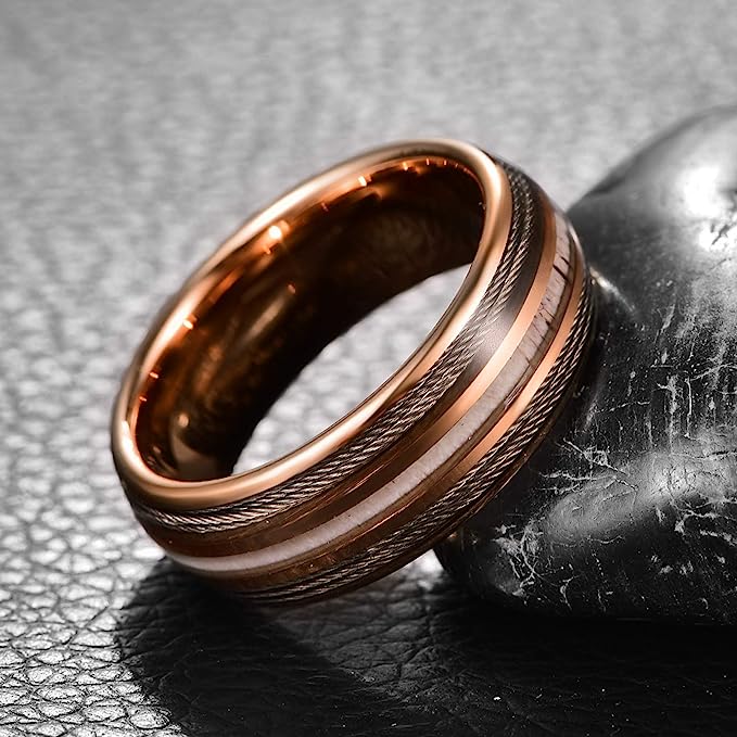 Genuine Carbide Tungsten Color: 8mm Rose Gold Silver Guitar Wire Inlay High polished inner-face design smooth and shiny. Comfort Fit Wedding Band Size 6-15