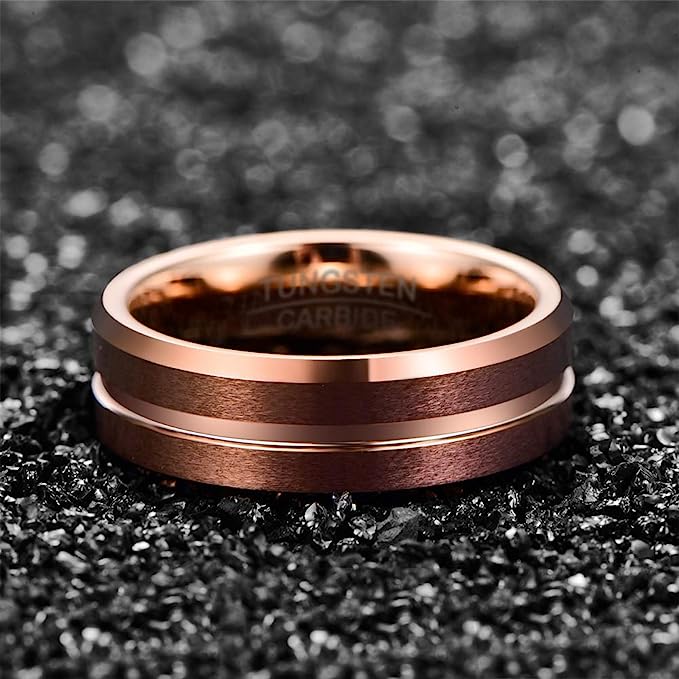 Genuine Tungsten Carbide 8mm matte brushed finish, brown + rose gold design high polish inner face beveled edge center comfort fit wedding band ,Size 6-15