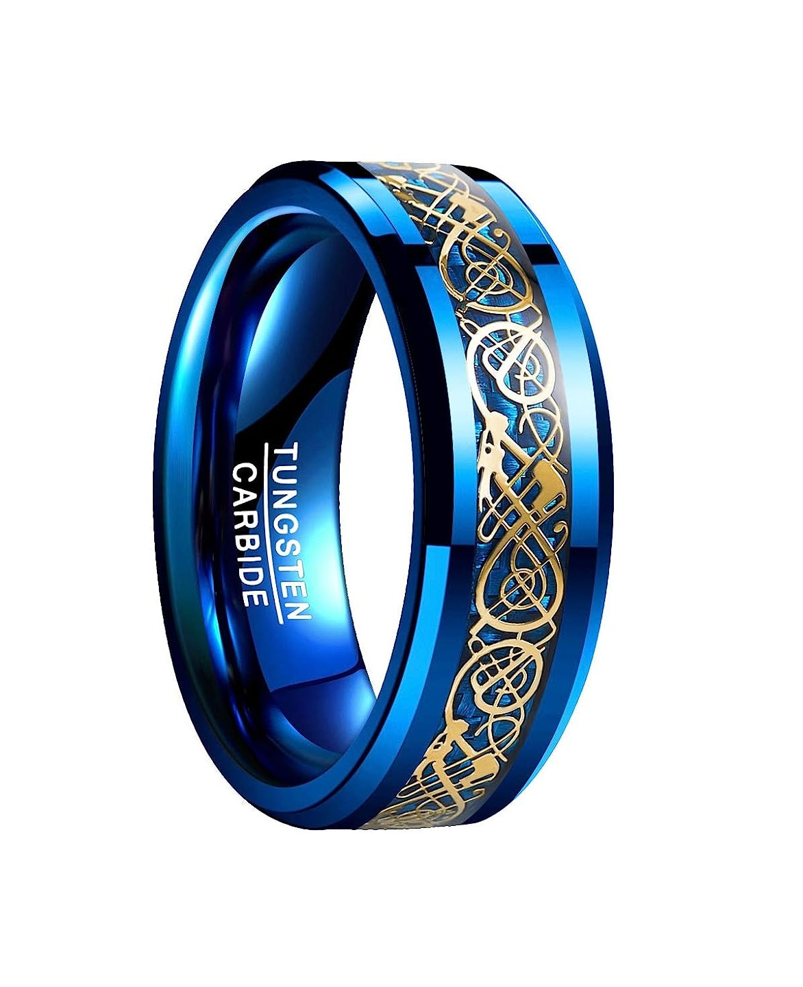 Genuine Carbide Tungsten Color: Celtic Dragon BLUE Carbon Fiber 8mm RING Polished Shiny Comfort Fit Wedding Band Size Size 6-15