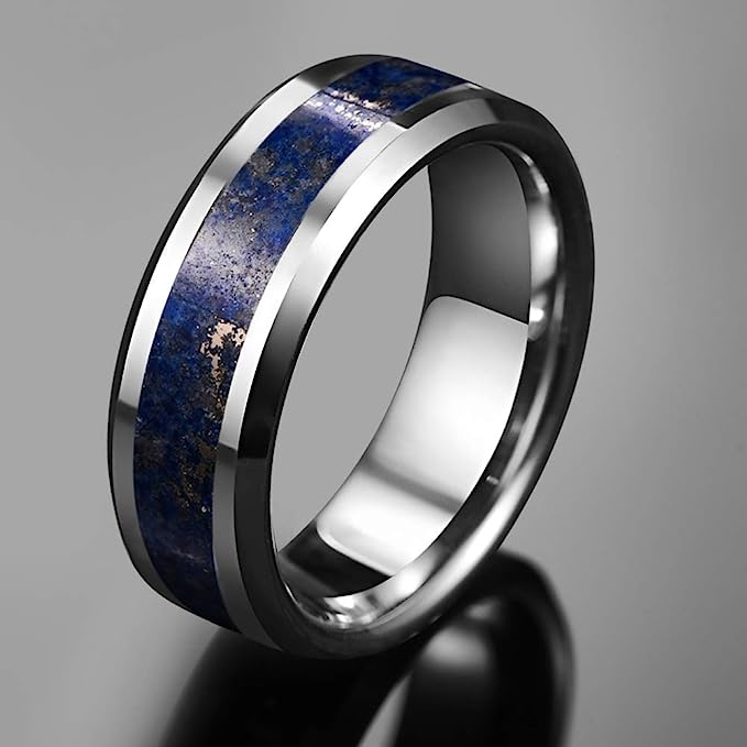 Genuine Carbide Tungsten Color: 8mm RING Lapis Lazuli inlay Silver Inner high polished inner-face design smooth and shiny. Comfort Fit Wedding Band Size 6-15