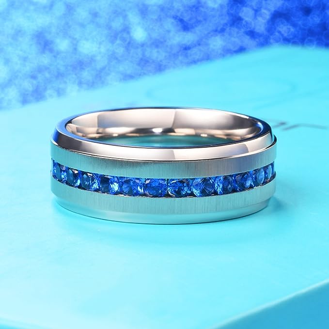 Genuine Titanium Silver 8mm Wide Ring Blue Cubic Zirconia Eternity High Polished Comfort Fit.