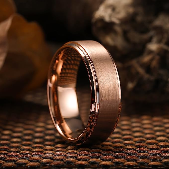 Genuine Carbide Tungsten Color: 8mm Rose Gold Brushed and Rose Gold Inner high polished inner-face design smooth and shiny. Comfort Fit Wedding Band Size 6-15