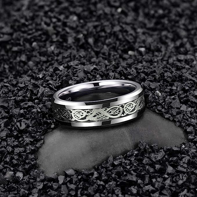 Genuine Carbide Tungsten Color: SILVER Celtic Dragon SILVER GREEN Fiber Inlay 6mm RING Polished Shiny Comfort Fit Wedding Band Size Size 6-15