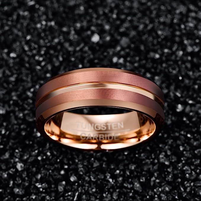 Genuine Tungsten Carbide 8mm matte brushed finish, brown + rose gold design high polish inner face beveled edge center comfort fit wedding band ,Size 6-15