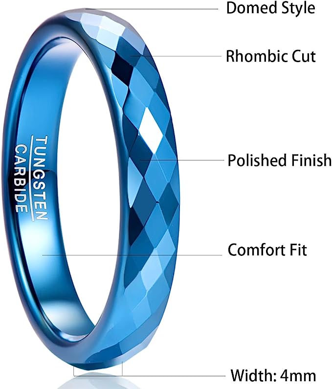 Genuine Carbide Tungsten Color: BLUE Multi Faceted Edge Center 4mm RING   High Polish inner face makes it smooth and shiny Comfort Fit Wedding Band Size 6-15