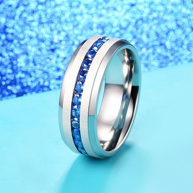 Genuine Titanium Silver 8mm Wide Ring Blue Cubic Zirconia Eternity High Polished Comfort Fit.