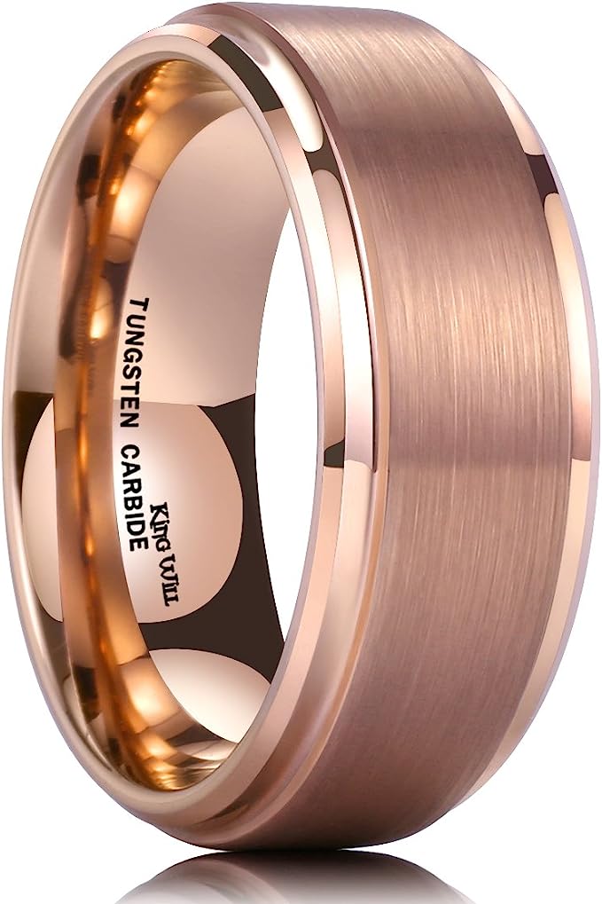 Genuine Carbide Tungsten Color: 8mm Rose Gold Brushed and Rose Gold Inner high polished inner-face design smooth and shiny. Comfort Fit Wedding Band Size 6-15