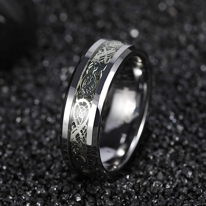 Genuine Carbide Tungsten Color: SILVER Celtic Dragon SILVER GREEN Fiber Inlay 6mm RING Polished Shiny Comfort Fit Wedding Band Size Size 6-15