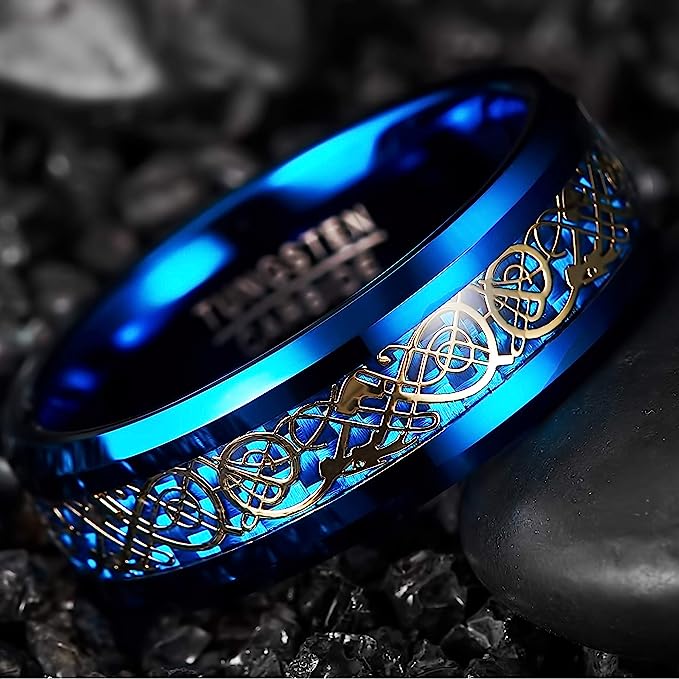 Genuine Carbide Tungsten Color: Celtic Dragon BLUE Carbon Fiber 8mm RING Polished Shiny Comfort Fit Wedding Band Size Size 6-15